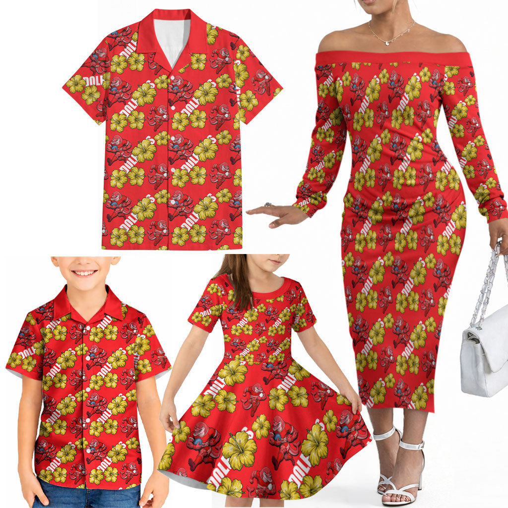 Dolphins Mascot Family Matching Off The Shoulder Long Sleeve Dress and Hawaiian Shirt Tropical Hibiscus Floral Seamless Rugby Mascot