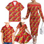 Dolphins Mascot Family Matching Off The Shoulder Long Sleeve Dress and Hawaiian Shirt Tropical Hibiscus Floral Seamless Rugby Mascot