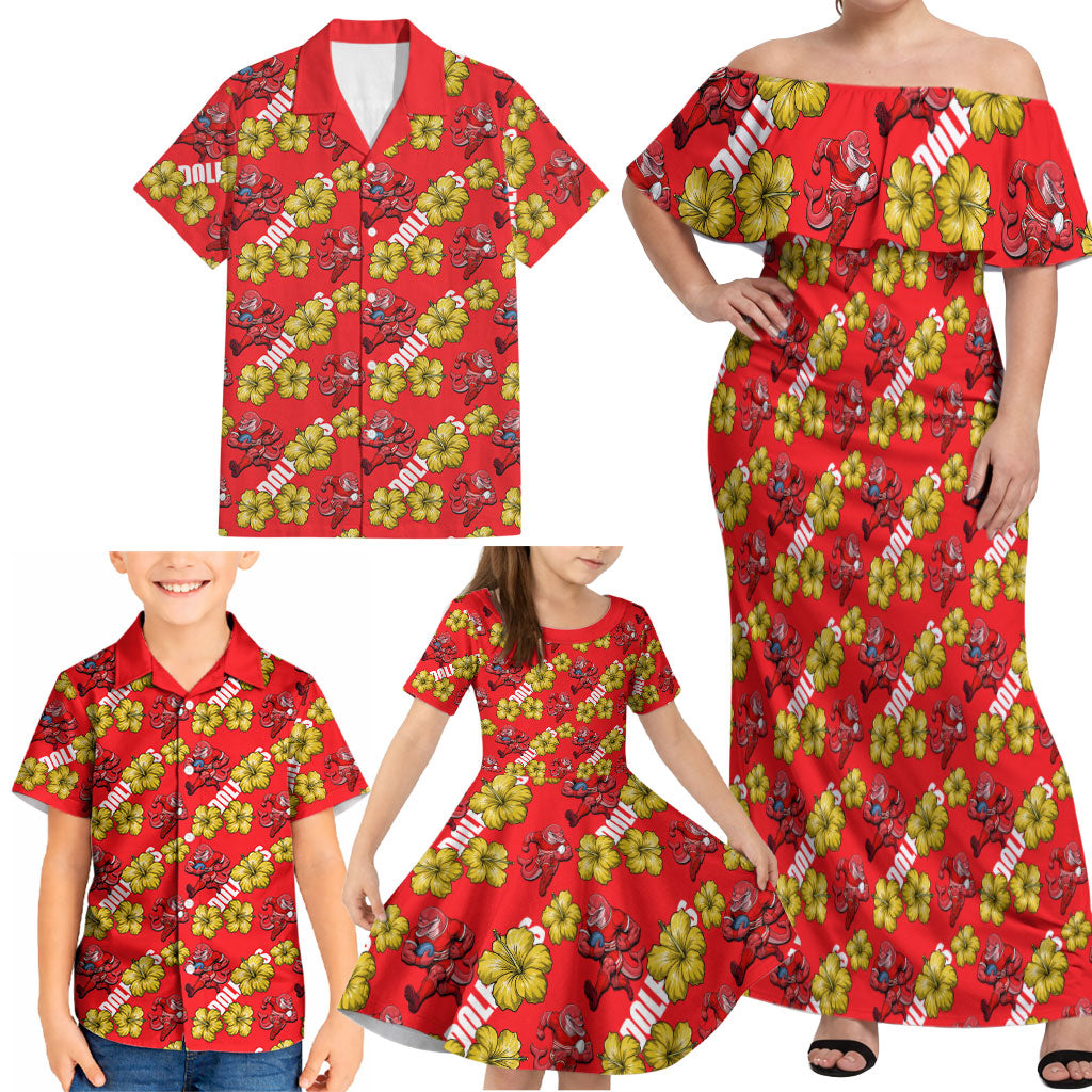 Dolphins Mascot Family Matching Off Shoulder Maxi Dress and Hawaiian Shirt Tropical Hibiscus Floral Seamless Rugby Mascot
