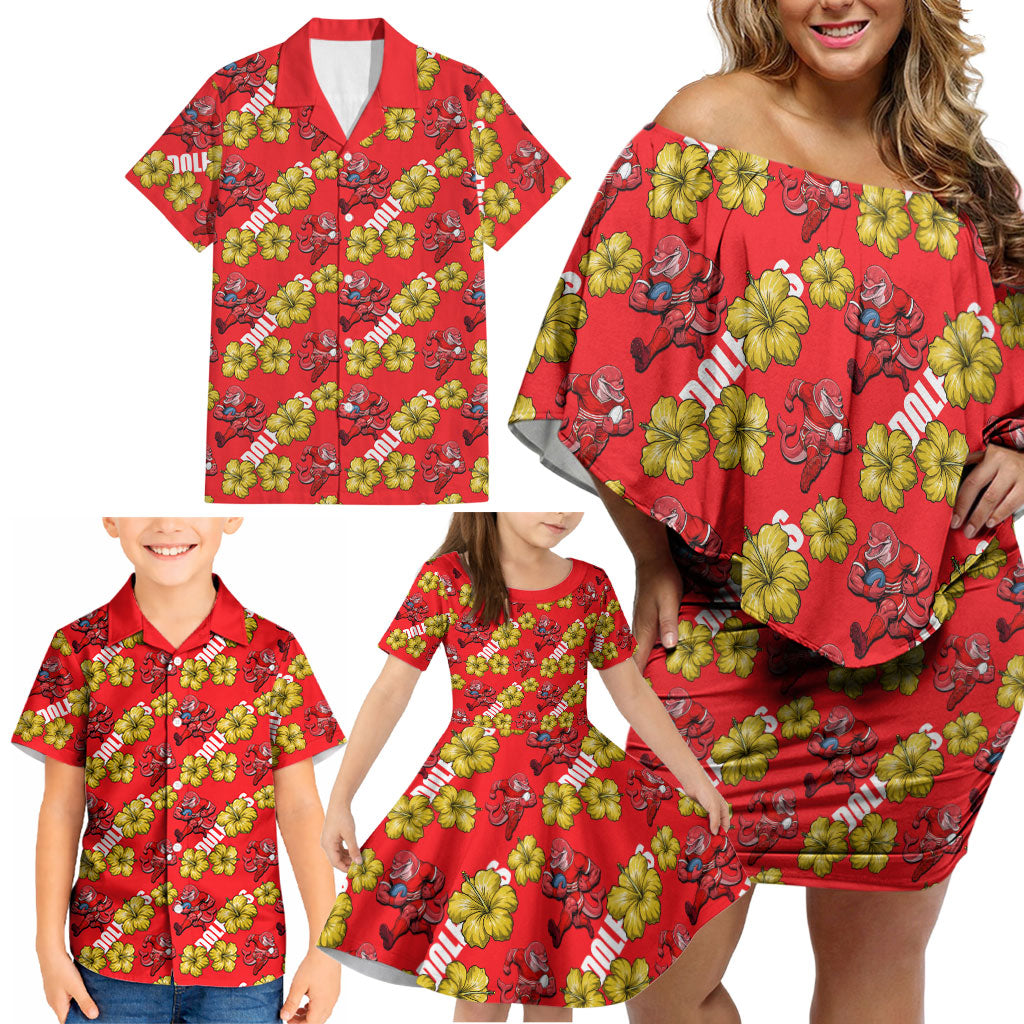 Dolphins Mascot Family Matching Off Shoulder Short Dress and Hawaiian Shirt Tropical Hibiscus Floral Seamless Rugby Mascot