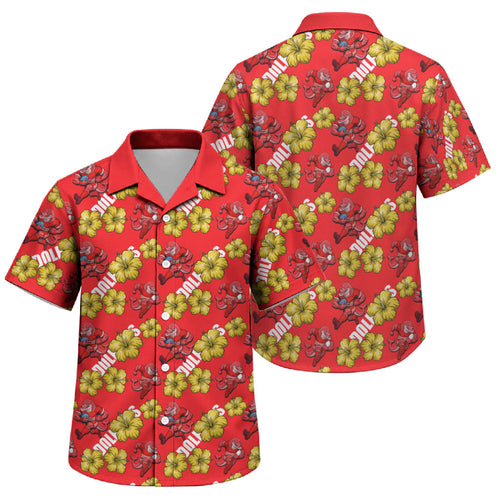 Dolphins Mascot Family Matching Off Shoulder Short Dress and Hawaiian Shirt Tropical Hibiscus Floral Seamless Rugby Mascot