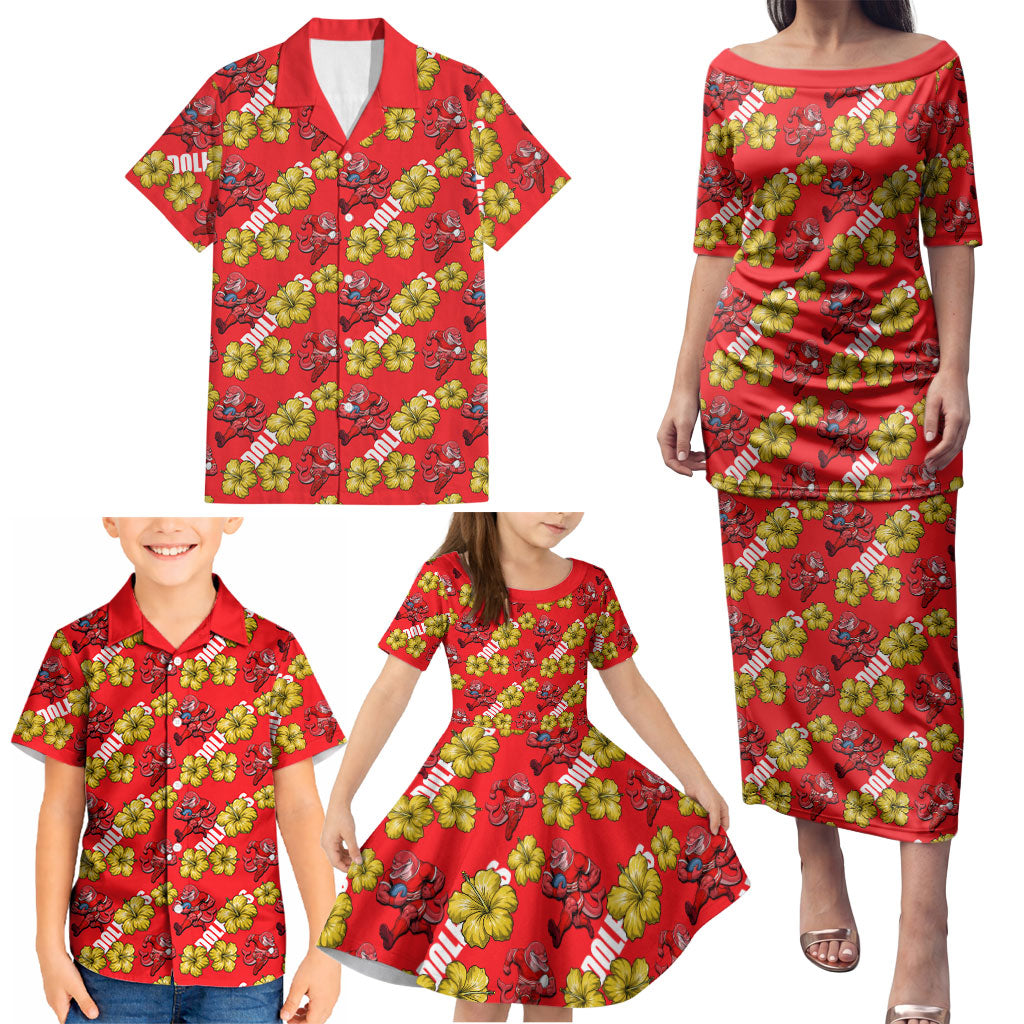 Dolphins Mascot Family Matching Puletasi and Hawaiian Shirt Tropical Hibiscus Floral Seamless Rugby Mascot