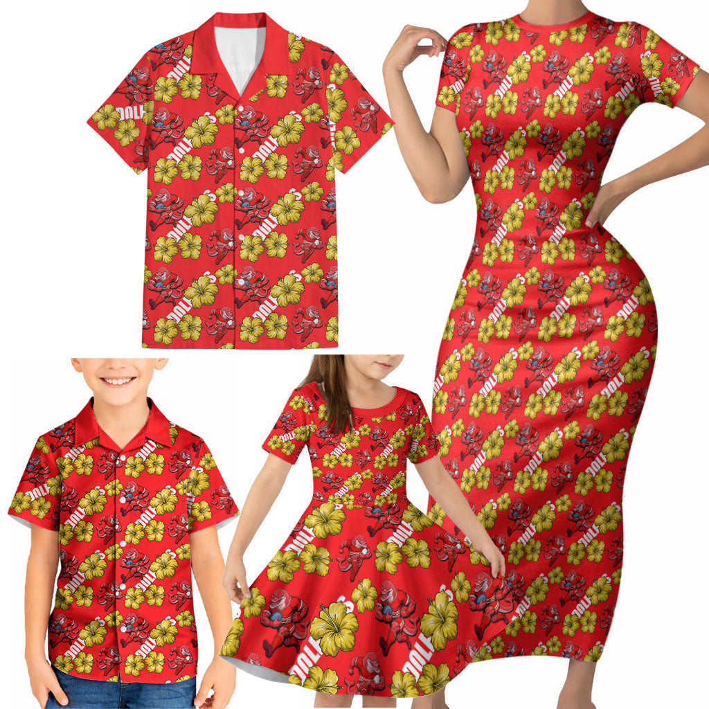 Dolphins Mascot Family Matching Short Sleeve Bodycon Dress and Hawaiian Shirt Tropical Hibiscus Floral Seamless Rugby Mascot