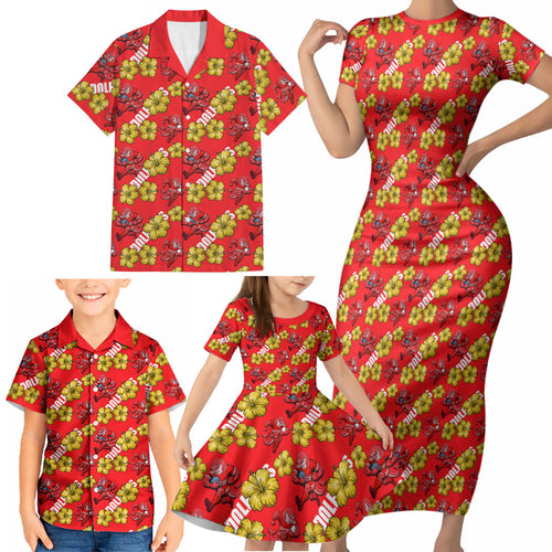 Dolphins Mascot Family Matching Short Sleeve Bodycon Dress and Hawaiian Shirt Tropical Hibiscus Floral Seamless Rugby Mascot