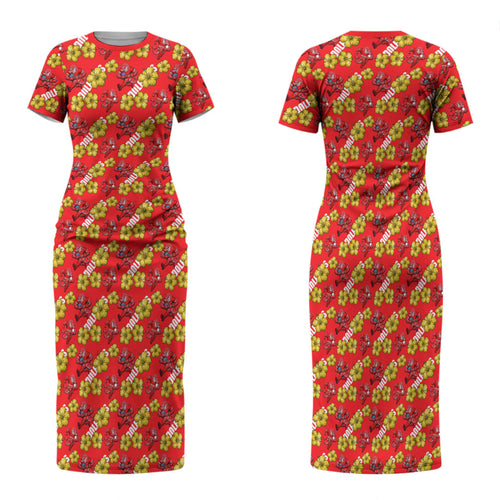 Dolphins Mascot Family Matching Short Sleeve Bodycon Dress and Hawaiian Shirt Tropical Hibiscus Floral Seamless Rugby Mascot