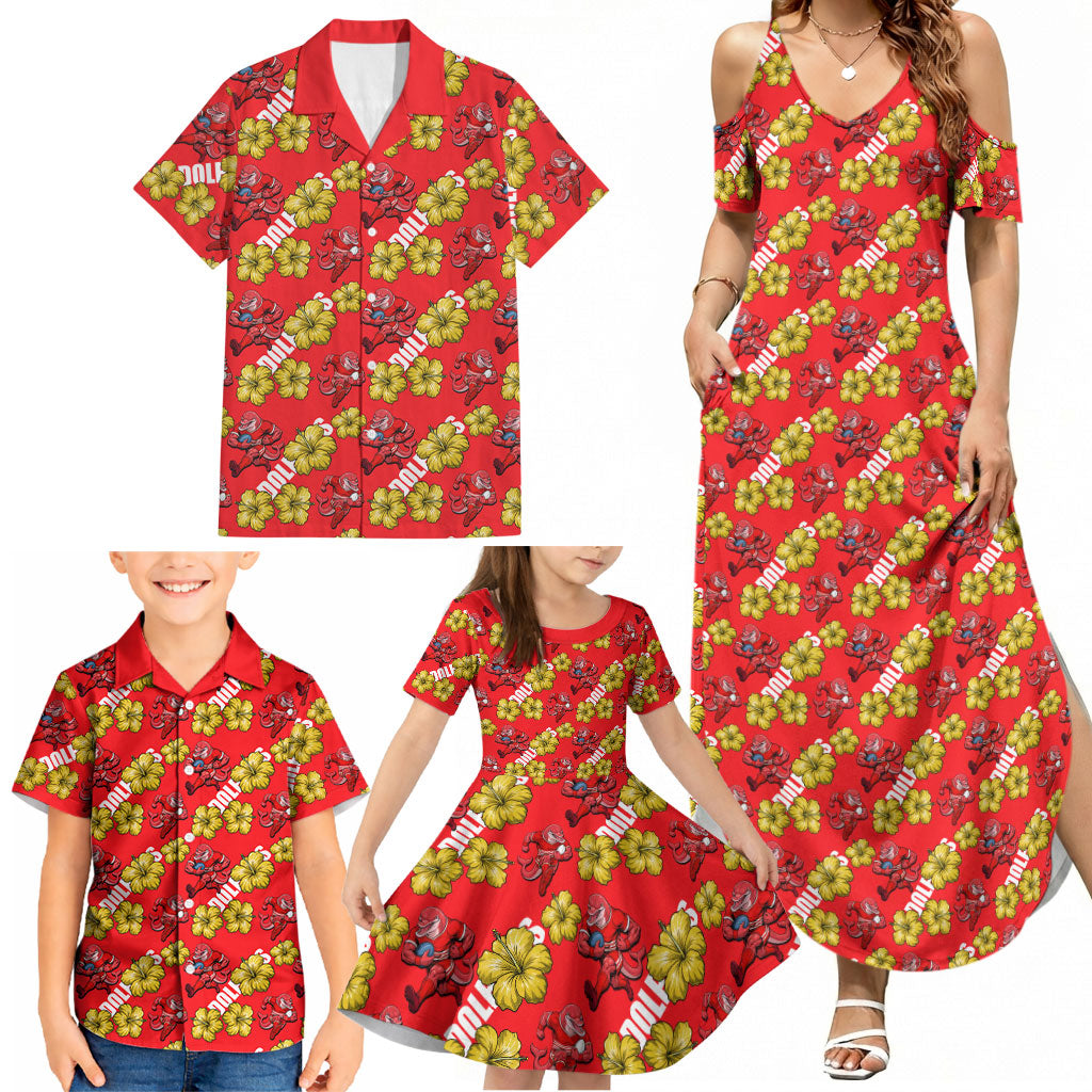 Dolphins Mascot Family Matching Summer Maxi Dress and Hawaiian Shirt Tropical Hibiscus Floral Seamless Rugby Mascot