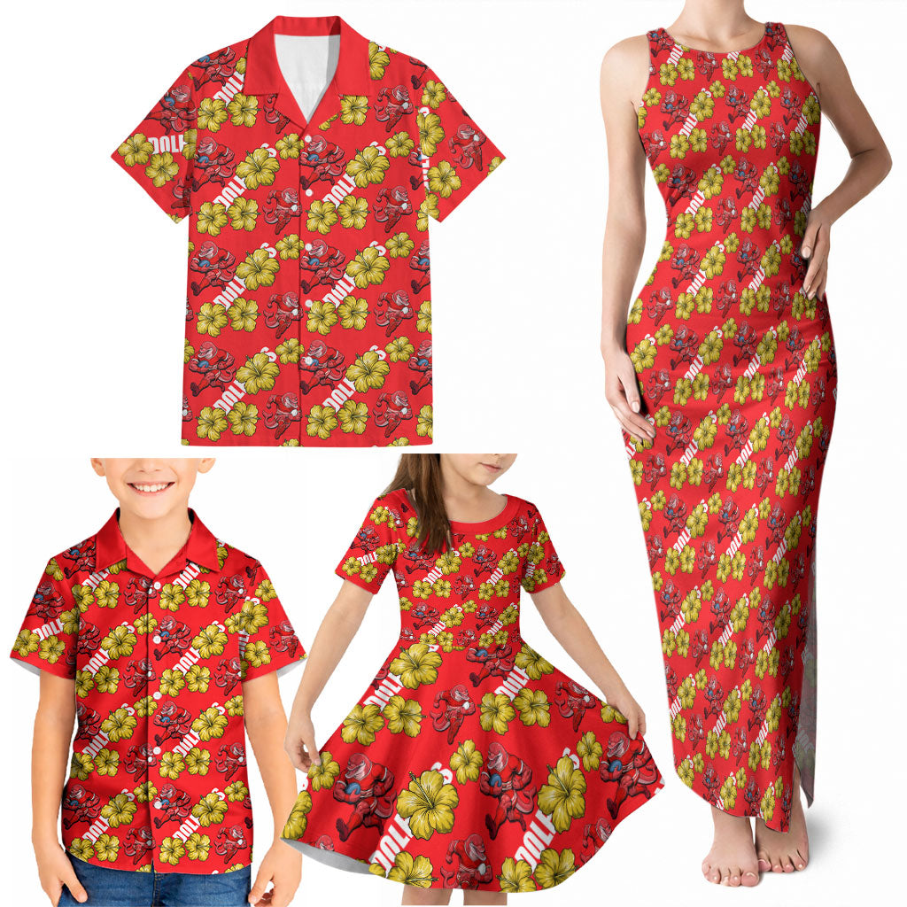 Dolphins Mascot Family Matching Tank Maxi Dress and Hawaiian Shirt Tropical Hibiscus Floral Seamless Rugby Mascot
