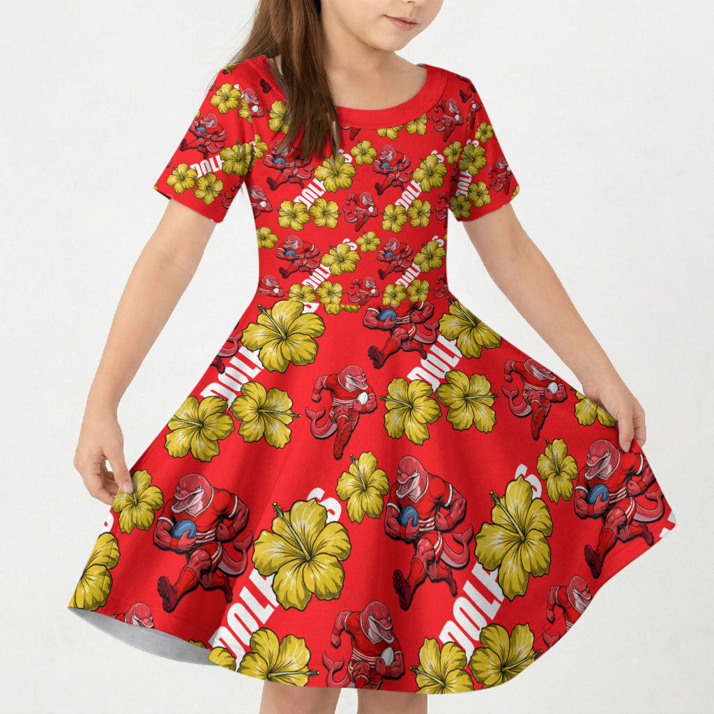 Dolphins Mascot Kid Short Sleeve Dress Tropical Hibiscus Floral Seamless Rugby Mascot
