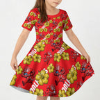 Dolphins Mascot Kid Short Sleeve Dress Tropical Hibiscus Floral Seamless Rugby Mascot