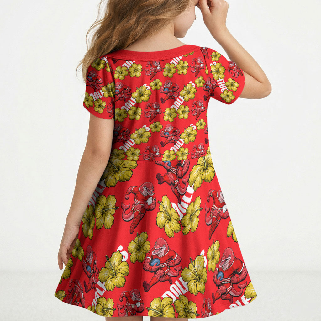 Dolphins Mascot Kid Short Sleeve Dress Tropical Hibiscus Floral Seamless Rugby Mascot