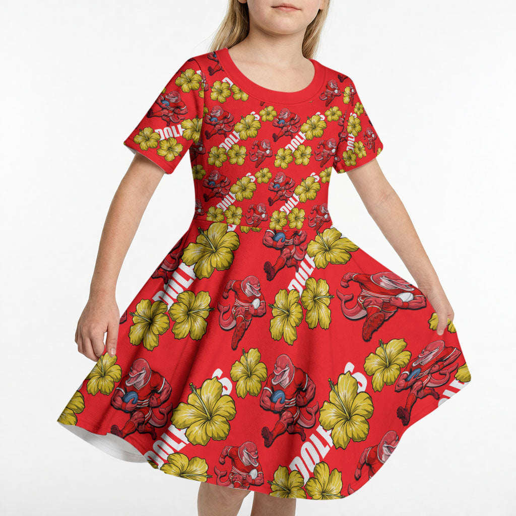 Dolphins Mascot Kid Short Sleeve Dress Tropical Hibiscus Floral Seamless Rugby Mascot