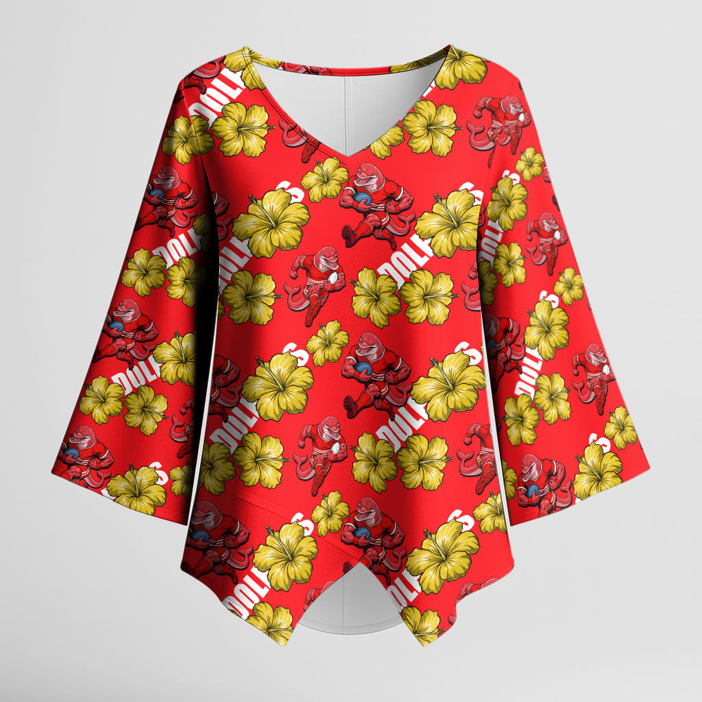 Dolphins Mascot Kimono Sleeve Blouse Tropical Hibiscus Floral Seamless Rugby Mascot