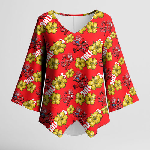Dolphins Mascot Kimono Sleeve Blouse Tropical Hibiscus Floral Seamless Rugby Mascot
