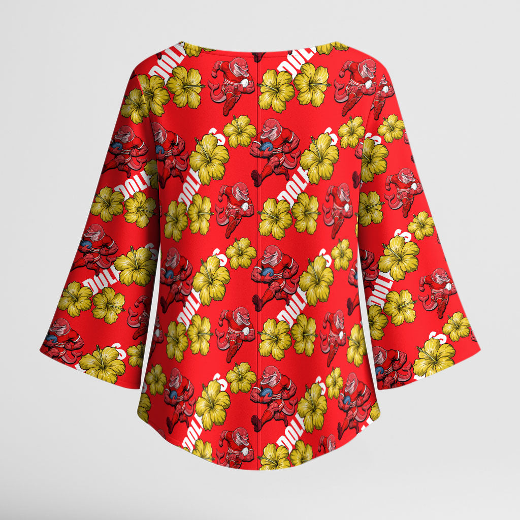 Dolphins Mascot Kimono Sleeve Blouse Tropical Hibiscus Floral Seamless Rugby Mascot