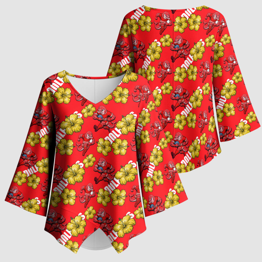 Dolphins Mascot Kimono Sleeve Blouse Tropical Hibiscus Floral Seamless Rugby Mascot