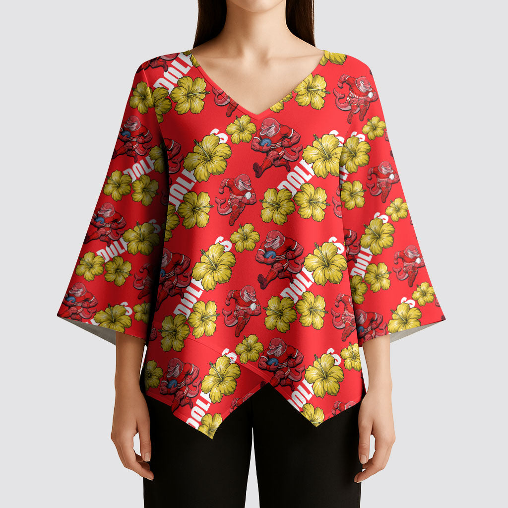 Dolphins Mascot Kimono Sleeve Blouse Tropical Hibiscus Floral Seamless Rugby Mascot