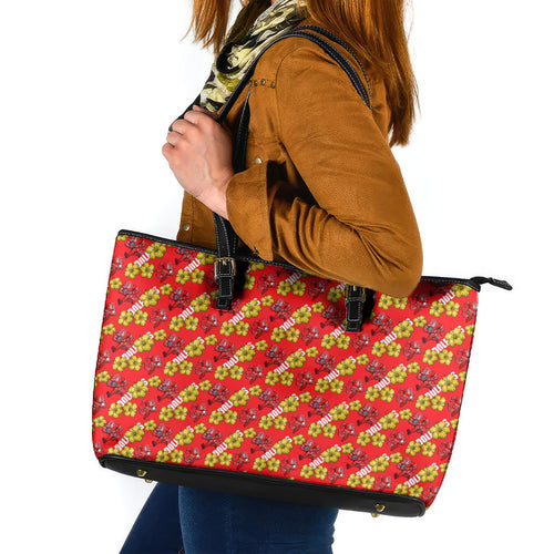Dolphins Mascot Leather Tote Bag Tropical Hibiscus Floral Seamless Rugby Mascot