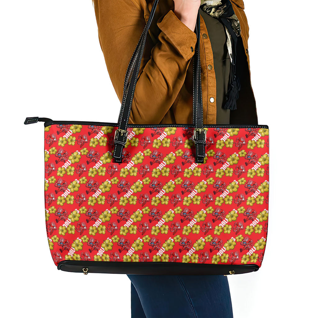 Dolphins Mascot Leather Tote Bag Tropical Hibiscus Floral Seamless Rugby Mascot