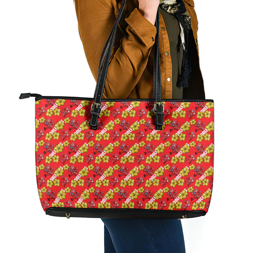 Dolphins Mascot Leather Tote Bag Tropical Hibiscus Floral Seamless Rugby Mascot