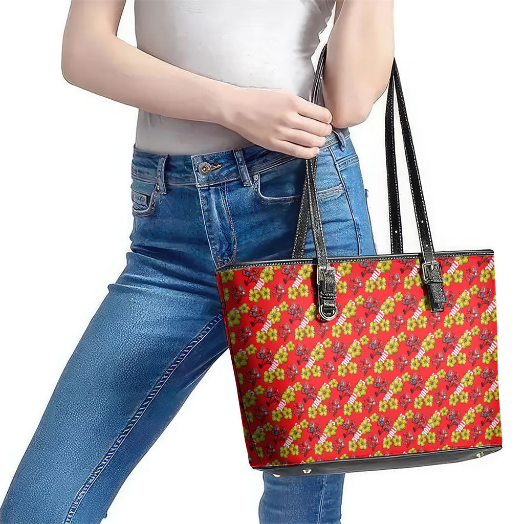 Dolphins Mascot Leather Tote Bag Tropical Hibiscus Floral Seamless Rugby Mascot