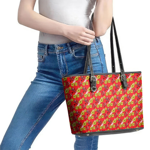 Dolphins Mascot Leather Tote Bag Tropical Hibiscus Floral Seamless Rugby Mascot