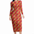 Dolphins Mascot Long Sleeve Bodycon Dress Tropical Hibiscus Floral Seamless Rugby Mascot