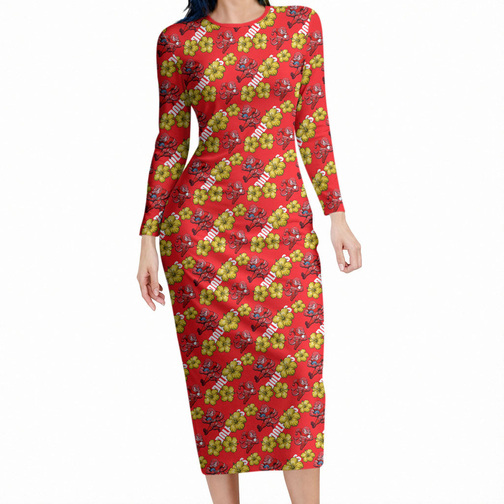 Dolphins Mascot Long Sleeve Bodycon Dress Tropical Hibiscus Floral Seamless Rugby Mascot