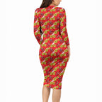 Dolphins Mascot Long Sleeve Bodycon Dress Tropical Hibiscus Floral Seamless Rugby Mascot