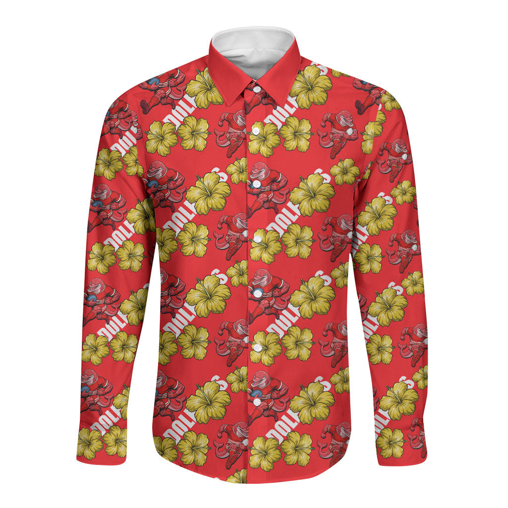 Dolphins Mascot Long Sleeve Button Shirt Tropical Hibiscus Floral Seamless Rugby Mascot