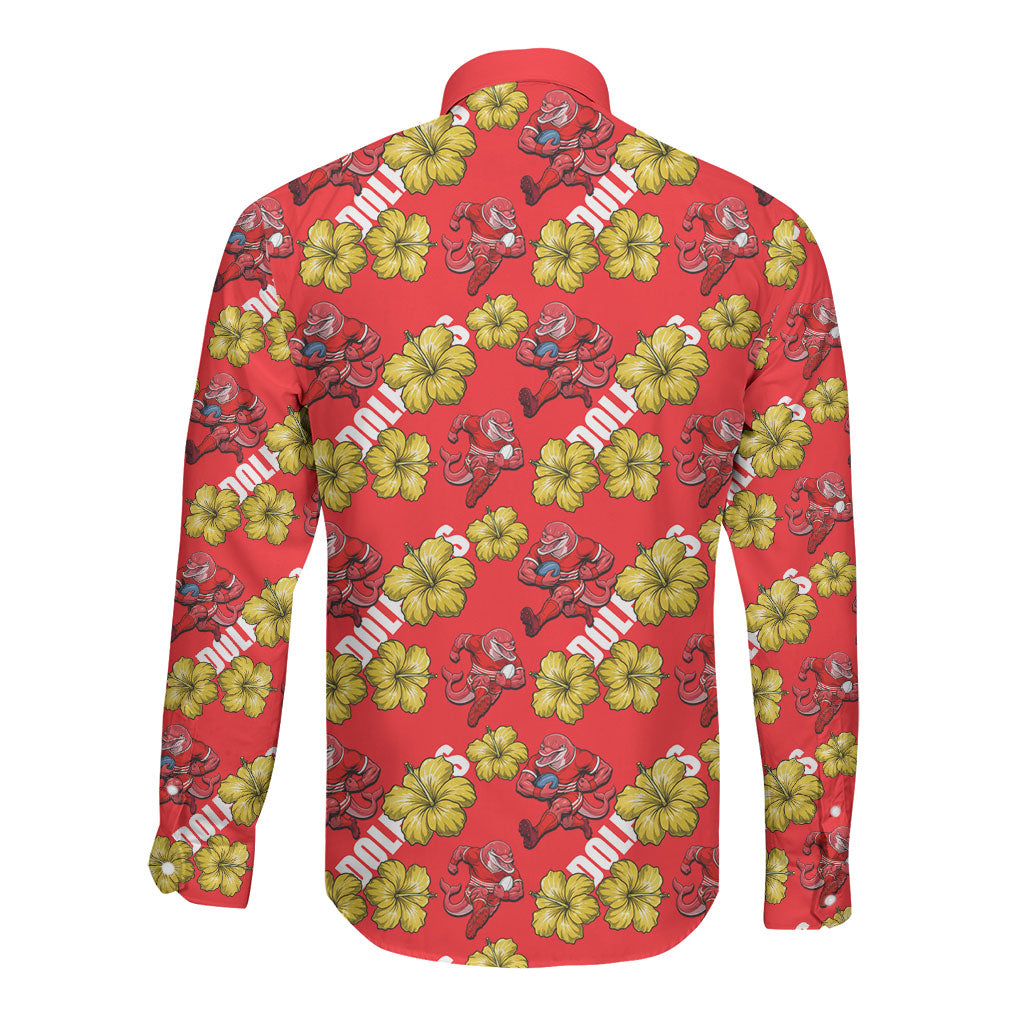 Dolphins Mascot Long Sleeve Button Shirt Tropical Hibiscus Floral Seamless Rugby Mascot