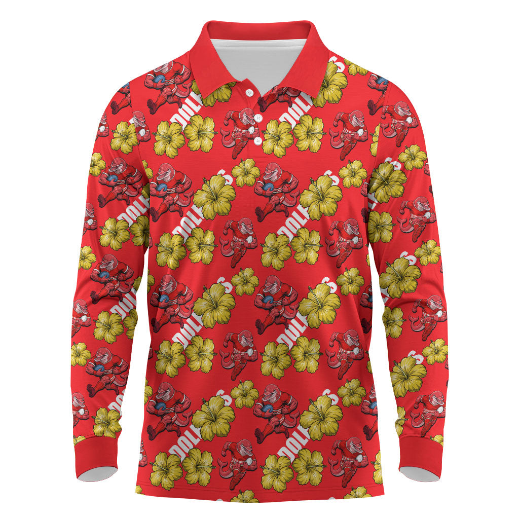 Dolphins Mascot Long Sleeve Polo Shirt Tropical Hibiscus Floral Seamless Rugby Mascot