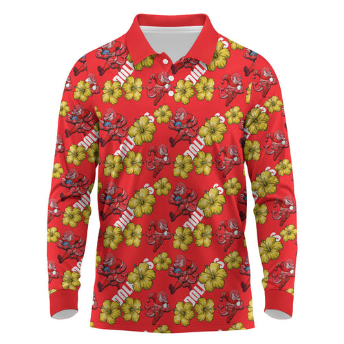 Dolphins Mascot Long Sleeve Polo Shirt Tropical Hibiscus Floral Seamless Rugby Mascot