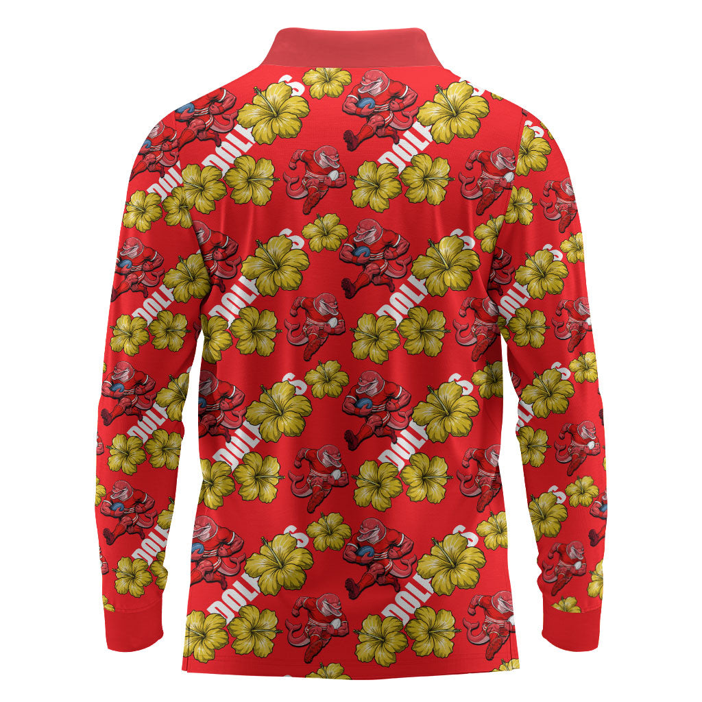 Dolphins Mascot Long Sleeve Polo Shirt Tropical Hibiscus Floral Seamless Rugby Mascot