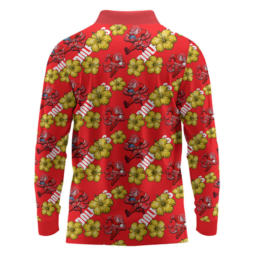 Dolphins Mascot Long Sleeve Polo Shirt Tropical Hibiscus Floral Seamless Rugby Mascot