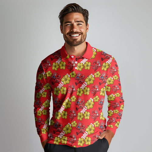 Dolphins Mascot Long Sleeve Polo Shirt Tropical Hibiscus Floral Seamless Rugby Mascot