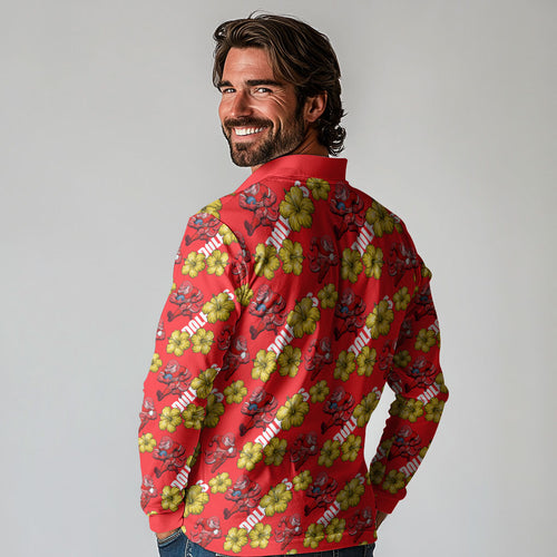 Dolphins Mascot Long Sleeve Polo Shirt Tropical Hibiscus Floral Seamless Rugby Mascot