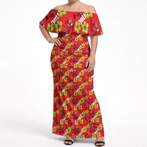 Dolphins Mascot Off Shoulder Maxi Dress Tropical Hibiscus Floral Seamless Rugby Mascot