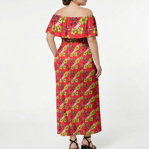 Dolphins Mascot Off Shoulder Maxi Dress Tropical Hibiscus Floral Seamless Rugby Mascot