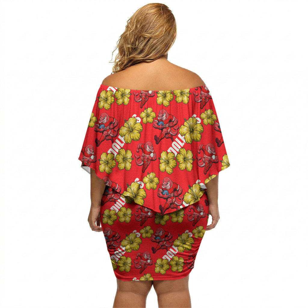 Dolphins Mascot Off Shoulder Short Dress Tropical Hibiscus Floral Seamless Rugby Mascot