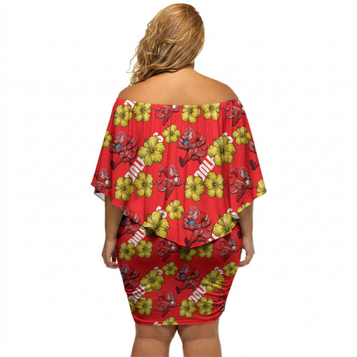 Dolphins Mascot Off Shoulder Short Dress Tropical Hibiscus Floral Seamless Rugby Mascot