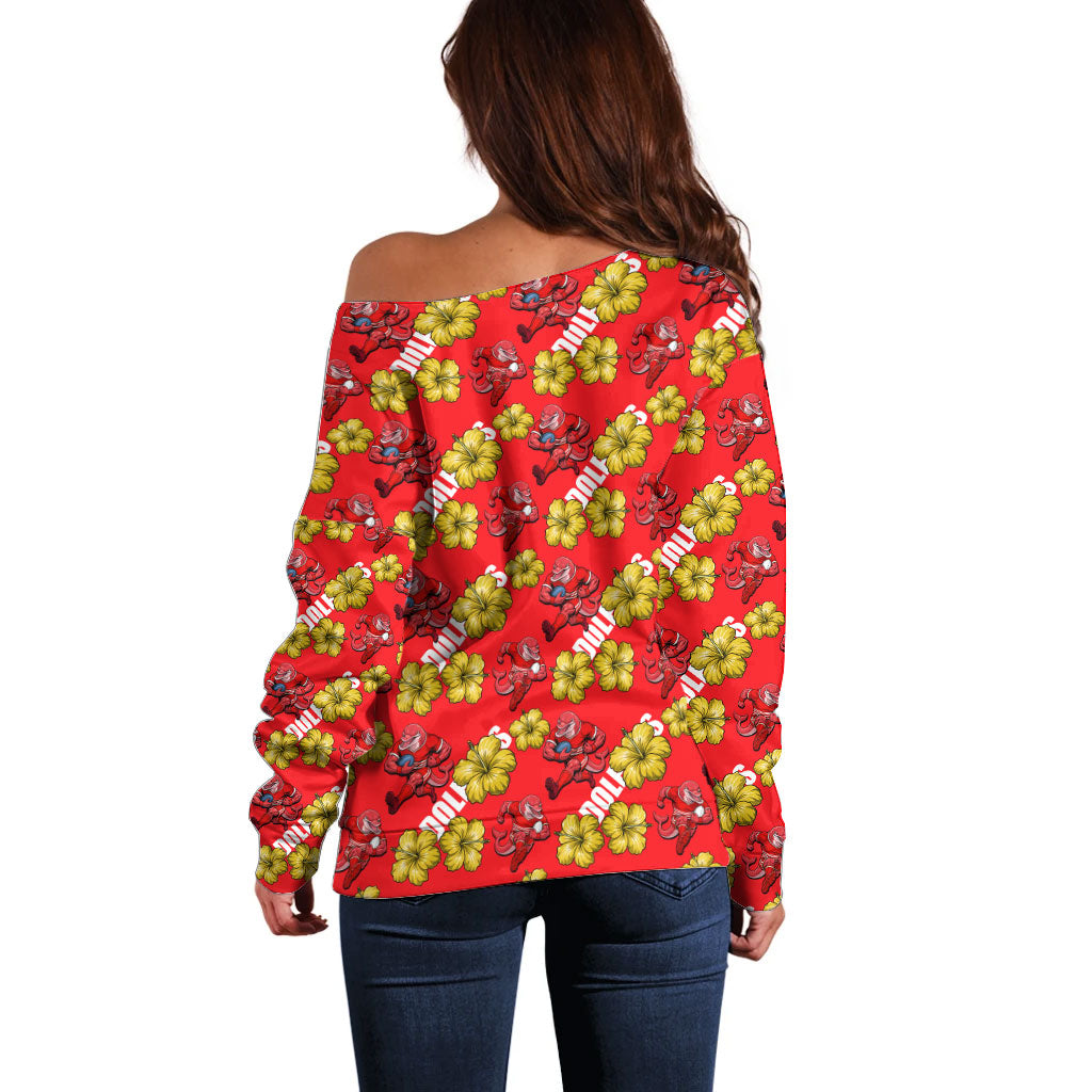 Dolphins Mascot Off Shoulder Sweater Tropical Hibiscus Floral Seamless Rugby Mascot