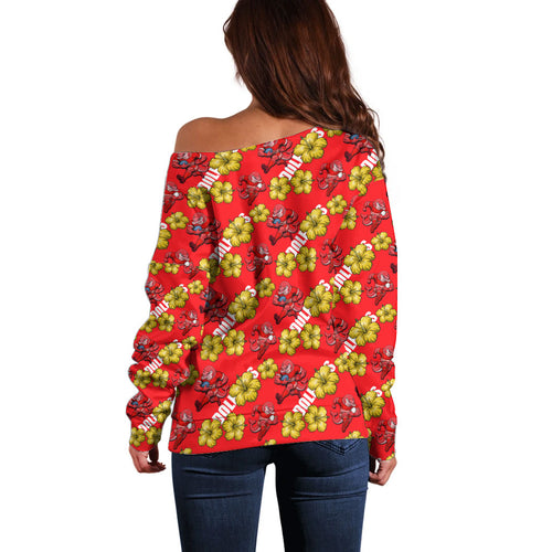 Dolphins Mascot Off Shoulder Sweater Tropical Hibiscus Floral Seamless Rugby Mascot