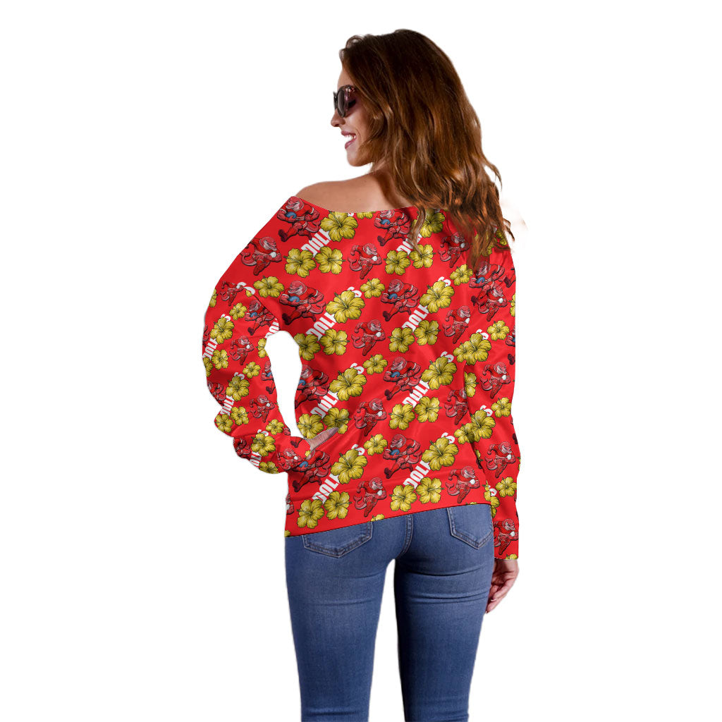 Dolphins Mascot Off Shoulder Sweater Tropical Hibiscus Floral Seamless Rugby Mascot