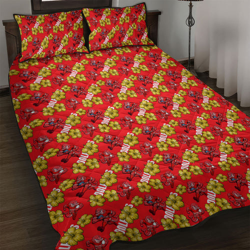 Dolphins Mascot Quilt Bed Set Tropical Hibiscus Floral Seamless Rugby Mascot