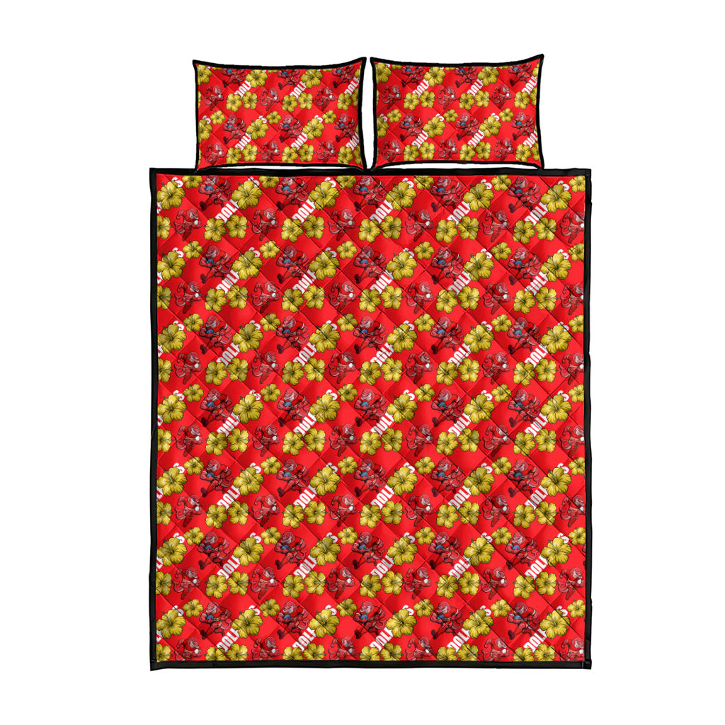 Dolphins Mascot Quilt Bed Set Tropical Hibiscus Floral Seamless Rugby Mascot