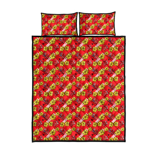 Dolphins Mascot Quilt Bed Set Tropical Hibiscus Floral Seamless Rugby Mascot