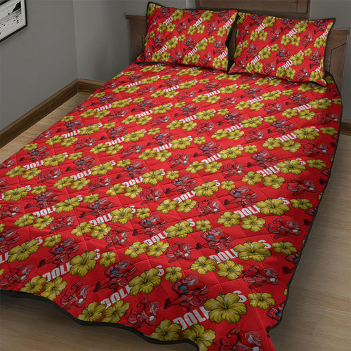 Dolphins Mascot Quilt Bed Set Tropical Hibiscus Floral Seamless Rugby Mascot