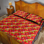 Dolphins Mascot Quilt Bed Set Tropical Hibiscus Floral Seamless Rugby Mascot