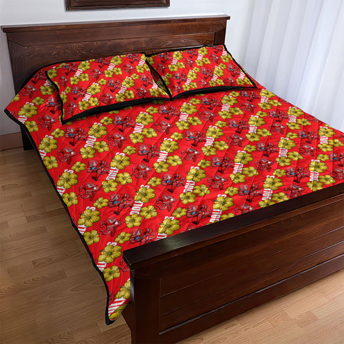 Dolphins Mascot Quilt Bed Set Tropical Hibiscus Floral Seamless Rugby Mascot