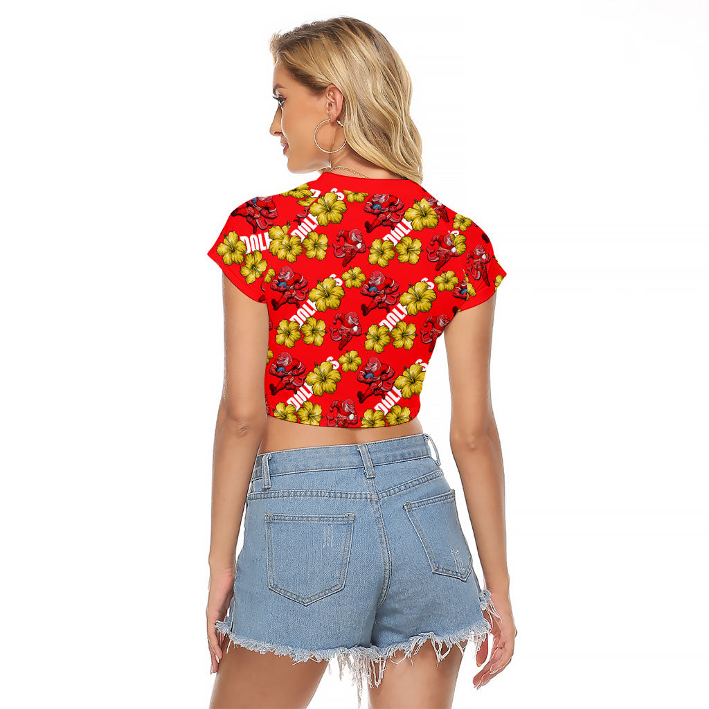 Dolphins Mascot Raglan Cropped T Shirt Tropical Hibiscus Floral Seamless Rugby Mascot